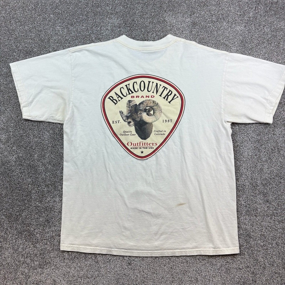 Vintage Backcountry Outfitters Shirt Mens XL White USA Made Mountain Goat Logo